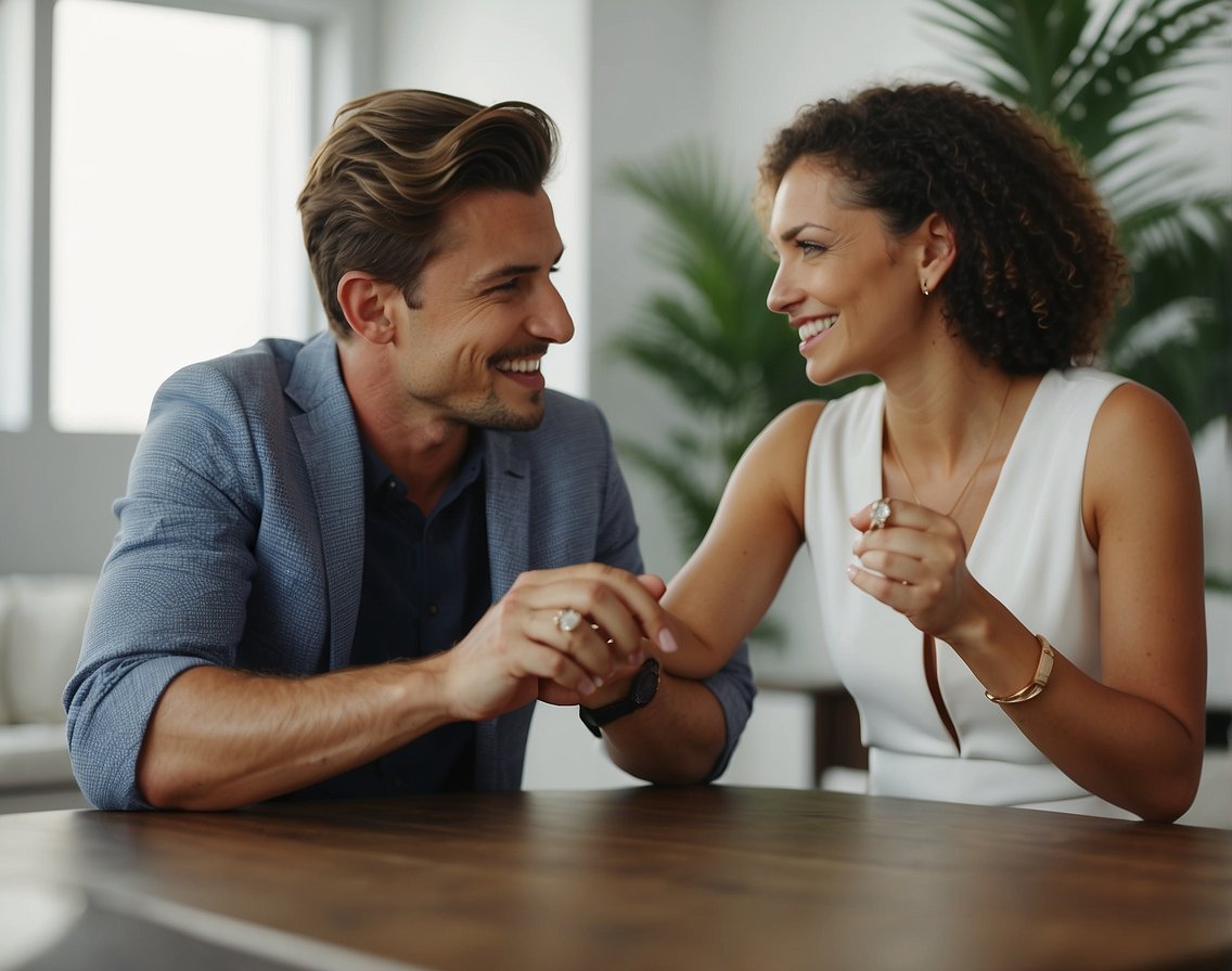 a man and a woman wearing engagement rings