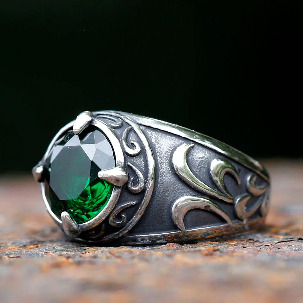 Viking engagement ring with circular green gemstone